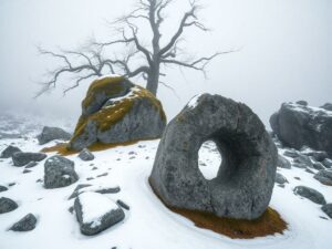 Rendering of a Sami Seita in the wild nordic nature.